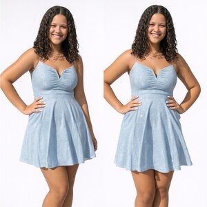 Crystal Doll Juniors' Notch V-Neck Sleeveless Fit & Flare Dress XL. Powder Blue